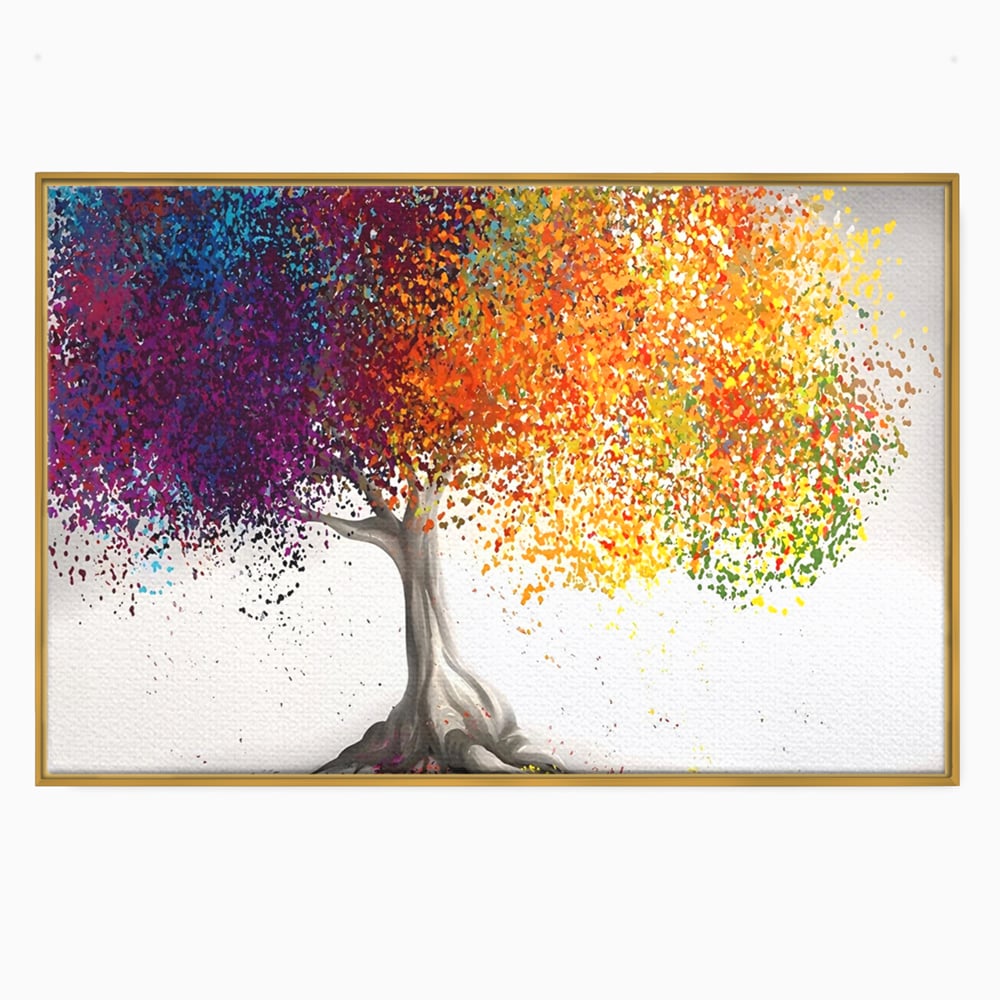 Tablou canvas cu tablou canvas cu un copac colorat, in rama de aluminiu auriu